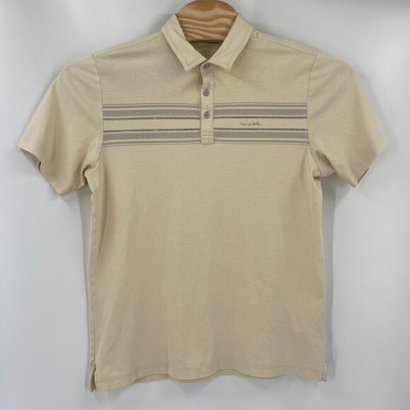 Travis Mathew Large Yellow Gray Striped Short Sleeve Golf Polo Shirt - Picture 4 of 5